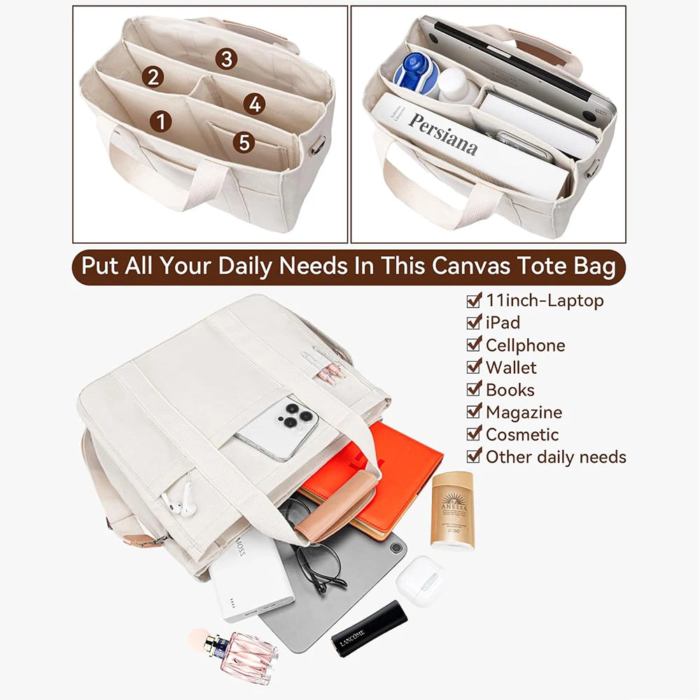 Women’s Canvas Tote Bag with Multiple Pockets